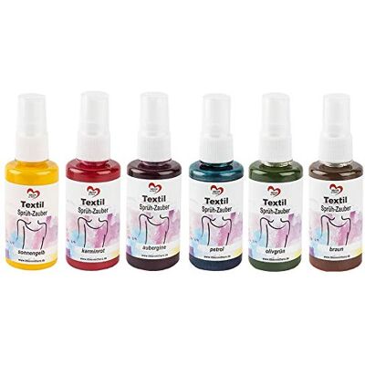 Ideen mit Herz Tinta têxtil com pulverizador, 6 x 50 ml, 6 cores, ideal para tecidos claros, personalizar e valorizar tecido e roupas, t-shirts, bolsas e acessórios de casa, à base de água (kit 3) Ideen mit Herz Tinta têxtil com pulverizador, 6 x 50 ml, 6 cores, ideal para tecidos claros, personalizar e valorizar tecido e roupas, t-shirts, bolsas e acessórios de casa, à base de água (kit 3)