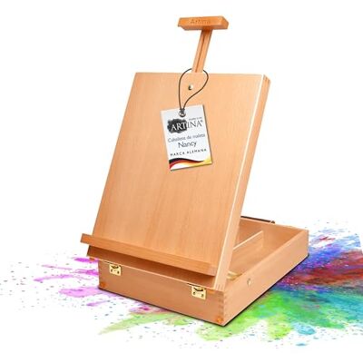 Artina Cavalete de mesa mala artista para telas de até 66 cm Pintura com 3 divisões para pinturas e pincéis de transporte ajustável atril portátil Nancy Artina Cavalete de mesa mala artista para telas de até 66 cm Pintura com 3 divisões para pinturas e pincéis de transporte ajustável atril portátil Nancy