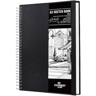 Stationery Island Sketchbook A3, Caderno de desenho capa dura, 200 g/m² de papel grosso, caderno de esboços com encadernação em espiral, livro de desenho 50 folhas / 100 páginas Stationery Island Sketchbook A3, Caderno de desenho capa dura, 200 g/m² de papel grosso, caderno de esboços com encadernação em espiral, livro de desenho 50 folhas / 100 páginas