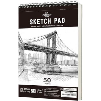 Stationery Island Bloco de desenho, A4 Sketchbook 180 g/m² papel grosso, 100 páginas/50 folhas encadernadas em espiral caderno de desenho 1 pacote Stationery Island Bloco de desenho, A4 Sketchbook 180 g/m² papel grosso, 100 páginas/50 folhas encadernadas em espiral caderno de desenho 1 pacote