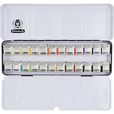 Schmincke Caixa de pintura para aguarela AKADEMIE®, variedade completa 24 x 1/2 Godets, 75 424 097, caixa metálica, cores altamente resistentes à luz, aguarelas finas para artistas Schmincke Caixa de pintura para aguarela AKADEMIE®, variedade completa 24 x 1/2 Godets, 75 424 097, caixa metálica, cores altamente resistentes à luz, aguarelas finas para artistas