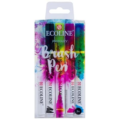 Ecoline Estojo de pincéis principal de 5 cores adição de preto e um marcador de mistura para uma paleta de cores básica, perfeito para letras à mão, aguarela, esboços rápidos e toques finais Ecoline Estojo de pincéis principal de 5 cores adição de preto e um marcador de mistura para uma paleta de cores básica, perfeito para letras à mão, aguarela, esboços rápidos e toques finais