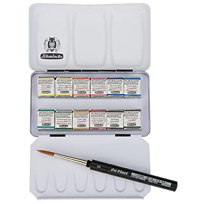 Schmincke HORADAM AQUARELL Caixa compacta de pinturas com 12 finas pinturas de aguarela, 1 pincel Davinci, 74 012 097, caixa metálica, conjunto de pintura, belas pinturas de aguarela, 12 x 1/2 Godets Schmincke HORADAM AQUARELL Caixa compacta de pinturas com 12 finas pinturas de aguarela, 1 pincel Davinci, 74 012 097, caixa metálica, conjunto de pintura, belas pinturas de aguarela, 12 x 1/2 Godets