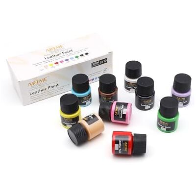 ARTME Tinta acrílica para couro, 10 cores, 20 ml x10, resistente à água, adequada para couro, pele sintética, madeira, plástico, têxteis, pedra, cerâmica e vinilo ARTME Tinta acrílica para couro, 10 cores, 20 ml x10, resistente à água, adequada para couro, pele sintética, madeira, plástico, têxteis, pedra, cerâmica e vinilo