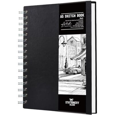 Stationery Island Sketchbook A5, caderno de desenho capa dura, 200 g/m² de papel grosso, caderno de esboços com encadernação em espiral, livro de desenho 50 folhas / 100 páginas Stationery Island Sketchbook A5, caderno de desenho capa dura, 200 g/m² de papel grosso, caderno de esboços com encadernação em espiral, livro de desenho 50 folhas / 100 páginas