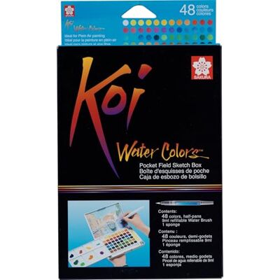 SAKURA Koi Water Colors Pocket Field Sketch Box 48 meias pastilhas com pincel de água e paleta misturadora, portátil e compacto para artistas SAKURA Koi Water Colors Pocket Field Sketch Box 48 meias pastilhas com pincel de água e paleta misturadora, portátil e compacto para artistas