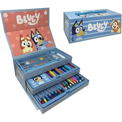 Cartoon Estojo de cor Bluey e Bingo para crianças, conjunto de 52 peças coloridas e papelaria, caixa com gavetas, kit de desenho e pintura Cartoon Estojo de cor Bluey e Bingo para crianças, conjunto de 52 peças coloridas e papelaria, caixa com gavetas, kit de desenho e pintura