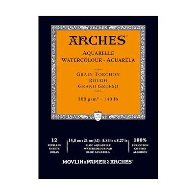 ARCHES Papel de aguarela, bloco de 12 folhas de borracha 1 lado, grão grosso, 300 g/m², A5 ARCHES Papel de aguarela, bloco de 12 folhas de borracha 1 lado, grão grosso, 300 g/m², A5