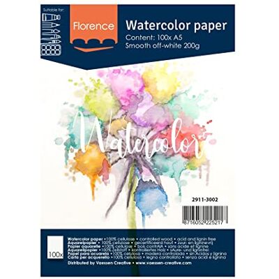 Creative Florence Papel de aguarela superfície lisa, 200 GSM, branco (Off-White), A5 Creative Florence Papel de aguarela superfície lisa, 200 GSM, branco (Off-White), A5