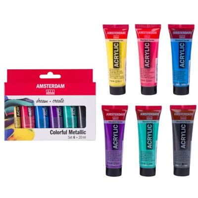 Amsterdam Standard Series pintura acrílica conjunto metálico colorido, 6 x 20 ml, pigmentos resistentes, uso versátil, acabamento acetinado Amsterdam Standard Series pintura acrílica conjunto metálico colorido, 6 x 20 ml, pigmentos resistentes, uso versátil, acabamento acetinado