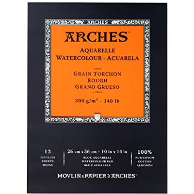 ARCHES Papel de aguarela em bloco (26 x 36 cm, colado, 300 g/m², grão fino), 12 folhas, cor branca natural ARCHES Papel de aguarela em bloco (26 x 36 cm, colado, 300 g/m², grão fino), 12 folhas, cor branca natural