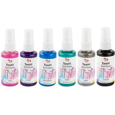 Ideen mit Herz Tela de Pintura de Spray, 6 x 50 ml, 6 cores (Rosa, Roxo, Turquesa, Azul Claro, Cinzento, Preto), cores altamente pigmentadas com alto brilho para tecidos claros, à base de água Ideen mit Herz Tela de Pintura de Spray, 6 x 50 ml, 6 cores (Rosa, Roxo, Turquesa, Azul Claro, Cinzento, Preto), cores altamente pigmentadas com alto brilho para tecidos claros, à base de água