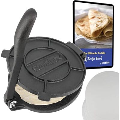StarBlue Prensa para tortilhas de ferro, 20 cm de diâmetro, 100 peças de papel oleado e livro eletrónico de receitas, ideal para fazer chapatis, tortilhas e rotis indianos StarBlue Prensa para tortilhas de ferro, 20 cm de diâmetro, 100 peças de papel oleado e livro eletrónico de receitas, ideal para fazer chapatis, tortilhas e rotis indianos