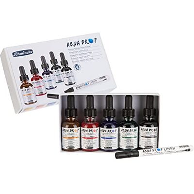 Schmincke AQUA DROP, aguarela líquida, 5 x 30 ml cores transparentes LINER com ponta de pincel, 78 105 097, conjunto para pintar com aguarela, caligrafia, handlettering, aerografia Schmincke AQUA DROP, aguarela líquida, 5 x 30 ml cores transparentes LINER com ponta de pincel, 78 105 097, conjunto para pintar com aguarela, caligrafia, handlettering, aerografia