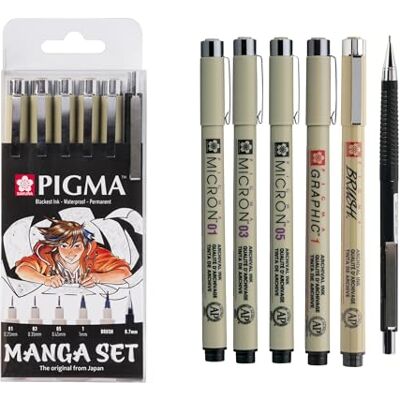 SAKURA Pigma Manga Conjunto de 6 marcadores em preto 3 pontas calibradas, Graphic Liner, marcador pincel e lápis de cor Para manga, banda desenhada e ilustrações SAKURA Pigma Manga Conjunto de 6 marcadores em preto 3 pontas calibradas, Graphic Liner, marcador pincel e lápis de cor Para manga, banda desenhada e ilustrações