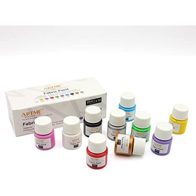 ARTME Tintas para tecidos e tecidos 10 cores 20 ml x 10. Tinta acrílica para têxteis, resistente à lavagem, reciclar roupas, desenhar em bolsas, t-shirt tingida ou sapatilhas desportivas. ARTME Tintas para tecidos e tecidos 10 cores 20 ml x 10. Tinta acrílica para têxteis, resistente à lavagem, reciclar roupas, desenhar em bolsas, t-shirt tingida ou sapatilhas desportivas.