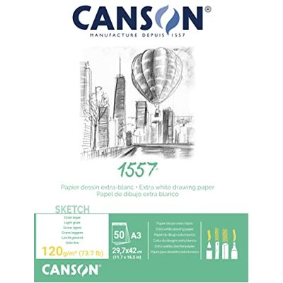 Canson 1557, Papel de esboço branco, Gramagem ligeira, 120g, Colados pelo lado curto, A3-29,7x42cm, Extra Branco, 50 Folhas Canson 1557, Papel de esboço branco, Gramagem ligeira, 120g, Colados pelo lado curto, A3-29,7x42cm, Extra Branco, 50 Folhas