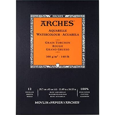ARCHES Papel de aguarela, bloco de 12 folhas de borracha 1 lado, grão grosso, 300 g/m², A3 ARCHES Papel de aguarela, bloco de 12 folhas de borracha 1 lado, grão grosso, 300 g/m², A3