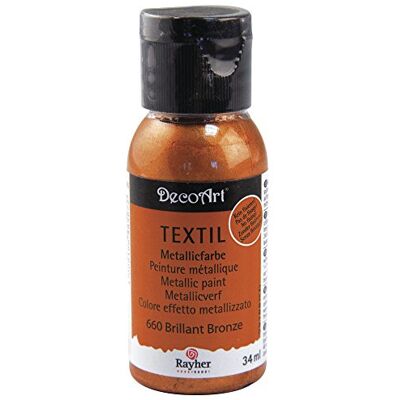 Rayher Tinta metalizada para tecidos, cor bronze brilhante, garrafa de 34 ml, muito opaca, tinta acrílica cremosa, especial para têxteis, lavável na máquina, metalizada Rayher Tinta metalizada para tecidos, cor bronze brilhante, garrafa de 34 ml, muito opaca, tinta acrílica cremosa, especial para têxteis, lavável na máquina, metalizada