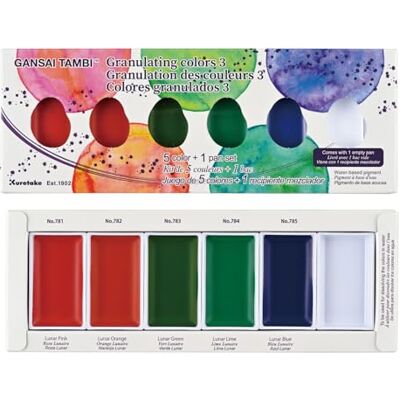 Kuretake Gansai Tambi GRANULATING CORS Conjunto de 3, 5 cores, fabricado no Japão Kuretake Gansai Tambi GRANULATING CORS Conjunto de 3, 5 cores, fabricado no Japão