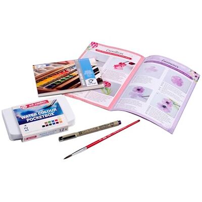Talens Royal Floral Watercolour para iniciantes, aguarelas 12 cores, estojo de pintura, papel Van Gogh A6, Sakura Pigma Micron Fineliner, pincel tamanho, conjunto de aguarela Talens Royal Floral Watercolour para iniciantes, aguarelas 12 cores, estojo de pintura, papel Van Gogh A6, Sakura Pigma Micron Fineliner, pincel tamanho, conjunto de aguarela