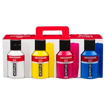 Amsterdam Standard Series Tinta acrílica Primary Set 4 x 500 ml, cores primárias para mistura, tinta acrílica de viscosidade média para pintura Amsterdam Standard Series Tinta acrílica Primary Set 4 x 500 ml, cores primárias para mistura, tinta acrílica de viscosidade média para pintura