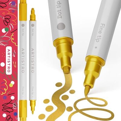Artistro 2 Pens de tinta acrílica dourada dupla Tip Dot Fine for Fabric & Rock Artistro 2 Pens de tinta acrílica dourada dupla Tip Dot Fine for Fabric & Rock