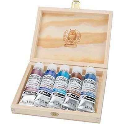 Schmincke HORADAM® AQUARELL, Conjunto Super Granulação Galáxia, 5 tubos de 15 ml, 74 842 097, caixa de madeira, tons altamente granulados, aguarelas finas supergranuladas. Schmincke HORADAM® AQUARELL, Conjunto Super Granulação Galáxia, 5 tubos de 15 ml, 74 842 097, caixa de madeira, tons altamente granulados, aguarelas finas supergranuladas.