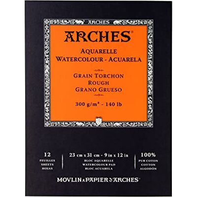 ARCHES Watercolor Pad 9 x 12 Inches 140 lb/300 gsm Rough Papel de aguarela tradicional feito 100% algodão, tamanho interno de gelatina ARCHES Watercolor Pad 9 x 12 Inches 140 lb/300 gsm Rough Papel de aguarela tradicional feito 100% algodão, tamanho interno de gelatina