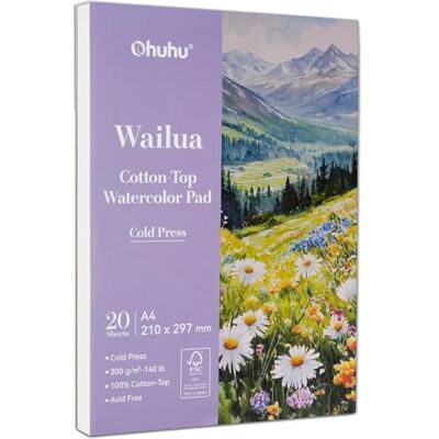 Ohuhu Papel de aguarela A4, 20 folhas, 300 g/m², prensado a frio, superfície de algodão 100% com tecnologia patenteada, bloco de mídia mista sem ácidos para aguarela, tinta e guache Ohuhu Papel de aguarela A4, 20 folhas, 300 g/m², prensado a frio, superfície de algodão 100% com tecnologia patenteada, bloco de mídia mista sem ácidos para aguarela, tinta e guache