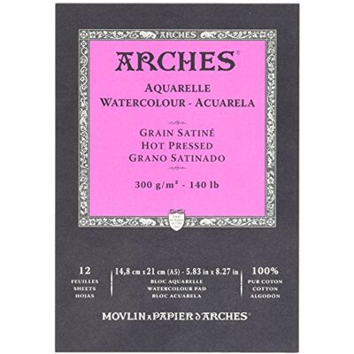 ARCHES Papel de aguarela, bloco de 12 folhas de borracha 1 lado, grão acetinado, 300 g/m², A5 ARCHES Papel de aguarela, bloco de 12 folhas de borracha 1 lado, grão acetinado, 300 g/m², A5