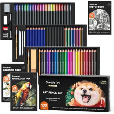 Shuttle Kit de desenho profissional, 123 peças de conjunto de lápis para desenho incluídos, lápis de cor, aguarelas, carvão, grafite e esboços, ideal para adultos e crianças artistas Shuttle Kit de desenho profissional, 123 peças de conjunto de lápis para desenho incluídos, lápis de cor, aguarelas, carvão, grafite e esboços, ideal para adultos e crianças artistas