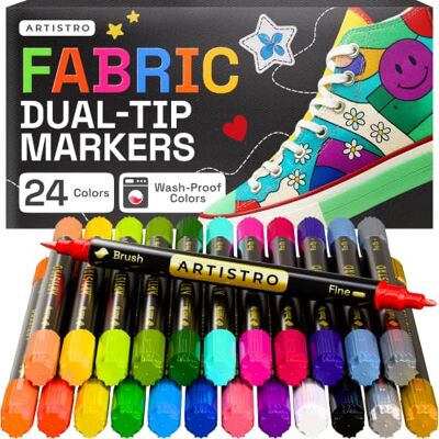 Artistro 24 marcadores de tecido de ponta dupla kit de decoração têxtil permanente para roupa marcadores sem manchas para t-shirts, bolsas, têxteis, telas e muito mais (ponta de pincel e ponta Artistro 24 marcadores de tecido de ponta dupla kit de decoração têxtil permanente para roupa marcadores sem manchas para t-shirts, bolsas, têxteis, telas e muito mais (ponta de pincel e ponta