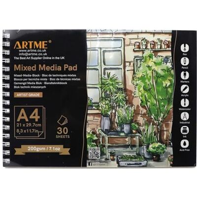 ARTME Bloco de notas A4, 30 folhas de 200 g/m², encadernado em espiral, com linhas de corte de rasgo, caderno de esboços para desenhar e pintar (A4-1 unidade) ARTME Bloco de notas A4, 30 folhas de 200 g/m², encadernado em espiral, com linhas de corte de rasgo, caderno de esboços para desenhar e pintar (A4-1 unidade)