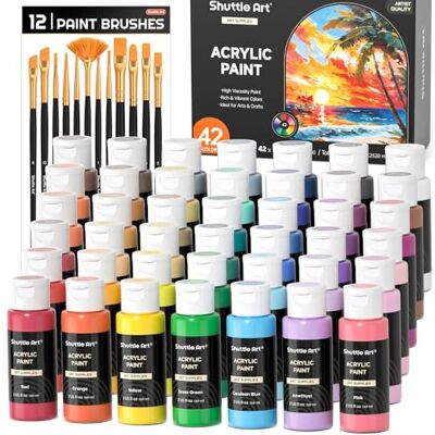 Shuttle 54 peças Tinta acrílica, 42 cores acrílicas (60 ml) com 12 pincéis, ricamente pigmentado, pintura para tecido tela, pedra de madeira, acrílicos para pintar para artistas, iniciantes Shuttle 54 peças Tinta acrílica, 42 cores acrílicas (60 ml) com 12 pincéis, ricamente pigmentado, pintura para tecido tela, pedra de madeira, acrílicos para pintar para artistas, iniciantes