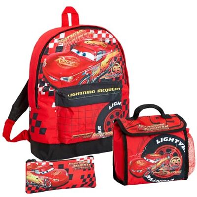 Disney Cars Conjunto de mochila escolar, lancheira e estojo para lápis de raio McQueen de 3 peças de presente, vermelho Disney Cars Conjunto de mochila escolar, lancheira e estojo para lápis de raio McQueen de 3 peças de presente, vermelho