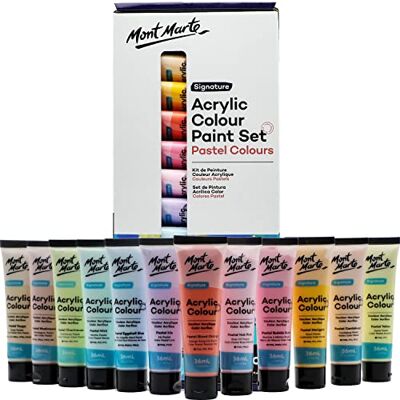 MONT MARTE Tinta acrílica pastel 12 x 36 ml, alta opacidade e acabamento em cetim, cores pastel para tela, cartão, papel, couro e muito mais MONT MARTE Tinta acrílica pastel 12 x 36 ml, alta opacidade e acabamento em cetim, cores pastel para tela, cartão, papel, couro e muito mais