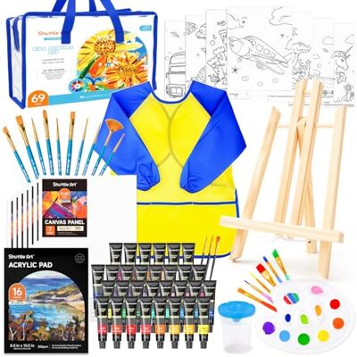 Shuttle 69 peças Kit de pintura crianças, conjunto de pinturas acrílicas completo, incluindo 30 cores de acrílico, cavalete, tela, selo, pincéis, paleta para crianças para pintar Shuttle 69 peças Kit de pintura crianças, conjunto de pinturas acrílicas completo, incluindo 30 cores de acrílico, cavalete, tela, selo, pincéis, paleta para crianças para pintar