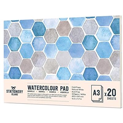 Stationery Island Papel Aquarela A3 300gr, Bloc de Notas Aquarela A3, 20 Folhas, Papel Aquarela A3 para Crianças, Adultos, Profissionais para Pintar, Desenhar e Esboçar Stationery Island Papel Aquarela A3 300gr, Bloc de Notas Aquarela A3, 20 Folhas, Papel Aquarela A3 para Crianças, Adultos, Profissionais para Pintar, Desenhar e Esboçar