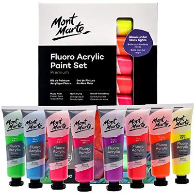 MONT MARTE Tinta acrílica fluorescente, néon 8 peças, tubos de 36 ml, cores resistentes à luz, efeito néon, brilho sob a luz preta MONT MARTE Tinta acrílica fluorescente, néon 8 peças, tubos de 36 ml, cores resistentes à luz, efeito néon, brilho sob a luz preta