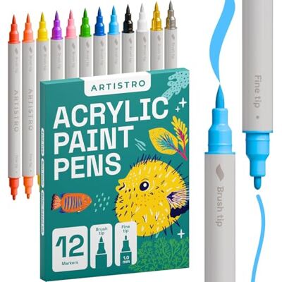 Artistro Marcadores de pintura acrílica, conjunto artístico, 12 marcadores acrílicos de ponta dupla fina, para tecido, tela, pedra, vidro, madeira, papel, bricolage Artistro Marcadores de pintura acrílica, conjunto artístico, 12 marcadores acrílicos de ponta dupla fina, para tecido, tela, pedra, vidro, madeira, papel, bricolage
