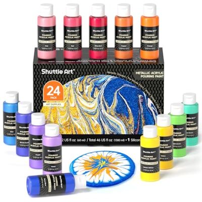 Shuttle Kit Tinta acrílica Pouring metálicas, 24 cores metálicas (60 ml) tintas acrílicas fluídas com óleo de silicone, pintura acrílica líquida para tela, papel, rocha, estátua, artesanato Shuttle Kit Tinta acrílica Pouring metálicas, 24 cores metálicas (60 ml) tintas acrílicas fluídas com óleo de silicone, pintura acrílica líquida para tela, papel, rocha, estátua, artesanato