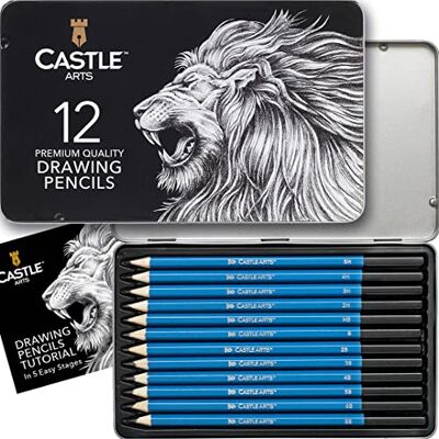 Conjunto de 12 lápis desenho de grafite, para artistas experientes, iniciantes e avançados, apresentados numa linda caixa metálica resistente e compactada com um tutorial Conjunto de 12 lápis desenho de grafite, para artistas experientes, iniciantes e avançados, apresentados numa linda caixa metálica resistente e compactada com um tutorial
