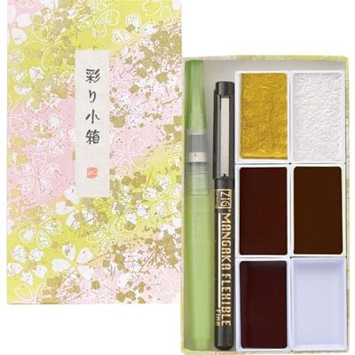 Kuretake IRODORI KOBAKO Sakura Patern, conjunto de pintura em aguarela com pincel de água e caneta preta de 0,1 mm, qualidade profissional para artistas, fabricado no Japão 5 colores granulados y metálicos, bolígrafo de pincel y bolígrafo de agua, uso p Kuretake IRODORI KOBAKO Sakura Patern, conjunto de pintura em aguarela com pincel de água e caneta preta de 0,1 mm, qualidade profissional para artistas, fabricado no Japão 5 colores granulados y metálicos, bolígrafo de pincel y bolígrafo de agua, uso p