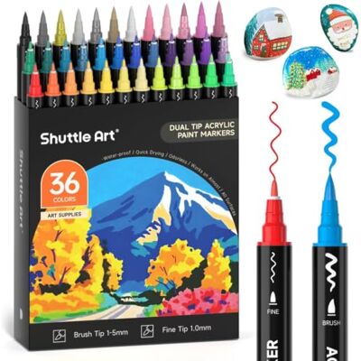 Shuttle Marcadores acrílicos, 36 cores marcadores acrílicos permanentes de ponta pincel e fina, Acrylic Markers para criança adulto, marcadores para pintar pedras de madeira vidro DIY Shuttle Marcadores acrílicos, 36 cores marcadores acrílicos permanentes de ponta pincel e fina, Acrylic Markers para criança adulto, marcadores para pintar pedras de madeira vidro DIY