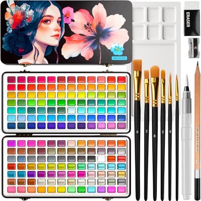Artistro Conjunto de aguarelas com 168 cores, cores vibrantes numa caixa portátil com paleta. Conjunto de viagem perfeito para artistas, fãs e pintar Artistro Conjunto de aguarelas com 168 cores, cores vibrantes numa caixa portátil com paleta. Conjunto de viagem perfeito para artistas, fãs e pintar