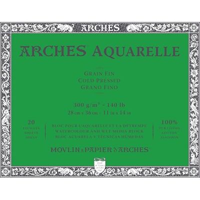 ARCHES Aquarelle 100% fino 300 g bloco colado 4 L 28 x 36 20 folhas branco natural ARCHES Aquarelle 100% fino 300 g bloco colado 4 L 28 x 36 20 folhas branco natural