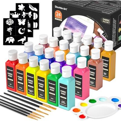 Shuttle Tinta têxtil permanente e lavável (60 ml), 24 cores pintura para tecido em garrafas com pincéis, paleta, modelos, pintura têxtil não tóxica para T-shirt, sapatos, jeans, bolsas, bricolage Shuttle Tinta têxtil permanente e lavável (60 ml), 24 cores pintura para tecido em garrafas com pincéis, paleta, modelos, pintura têxtil não tóxica para T-shirt, sapatos, jeans, bolsas, bricolage