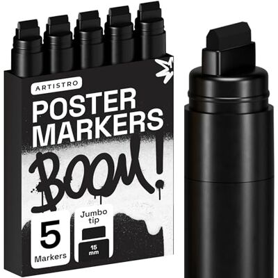 Artistro Marcadores acrílicos Jumbo, 5 marcadores pretos de ponta de feltro de 15 mm para pintar rochas, pedra, cerâmica, vidro, madeira e tela Artistro Marcadores acrílicos Jumbo, 5 marcadores pretos de ponta de feltro de 15 mm para pintar rochas, pedra, cerâmica, vidro, madeira e tela