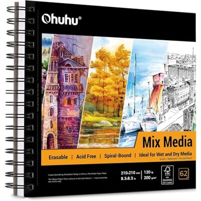 Ohuhu Caderno de desenho 124 páginas / 62 folhas 200 g/m2 capa dura encadernado em espiral, papel sem ácido, Sketchbook para marcador acrílico aguarela, 225 mm x 210 mm Ohuhu Caderno de desenho 124 páginas / 62 folhas 200 g/m2 capa dura encadernado em espiral, papel sem ácido, Sketchbook para marcador acrílico aguarela, 225 mm x 210 mm